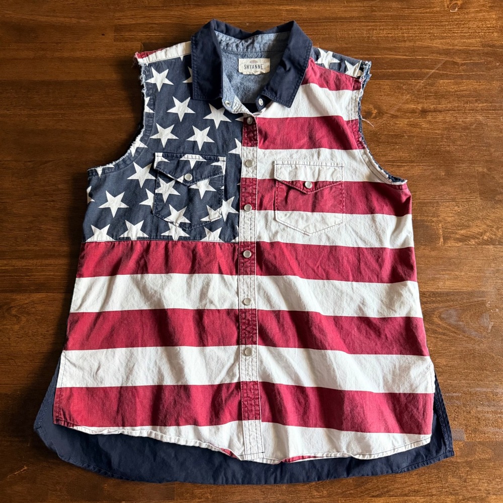 Shyanne Life Womens Small American Flag Sleeveless Western Snap Shirt Patriotic